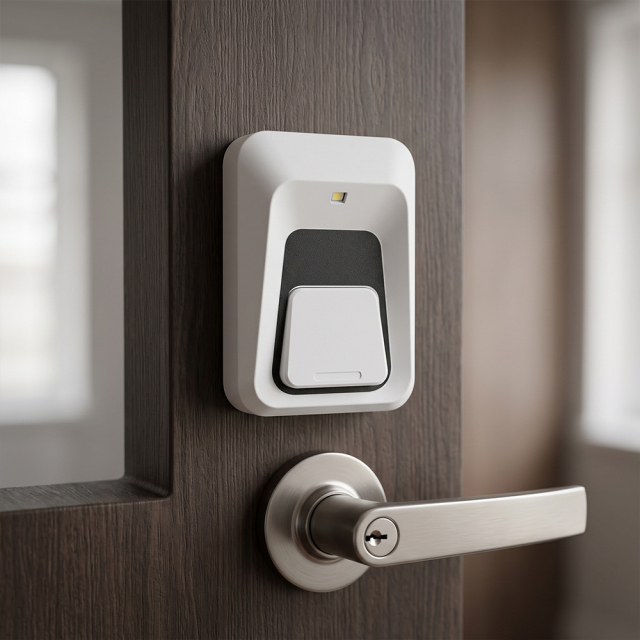 A sleek white mini LED night light device mounted directly above a modern metallic door handle and keyhole on a dark wooden door, turned off showcasing product design