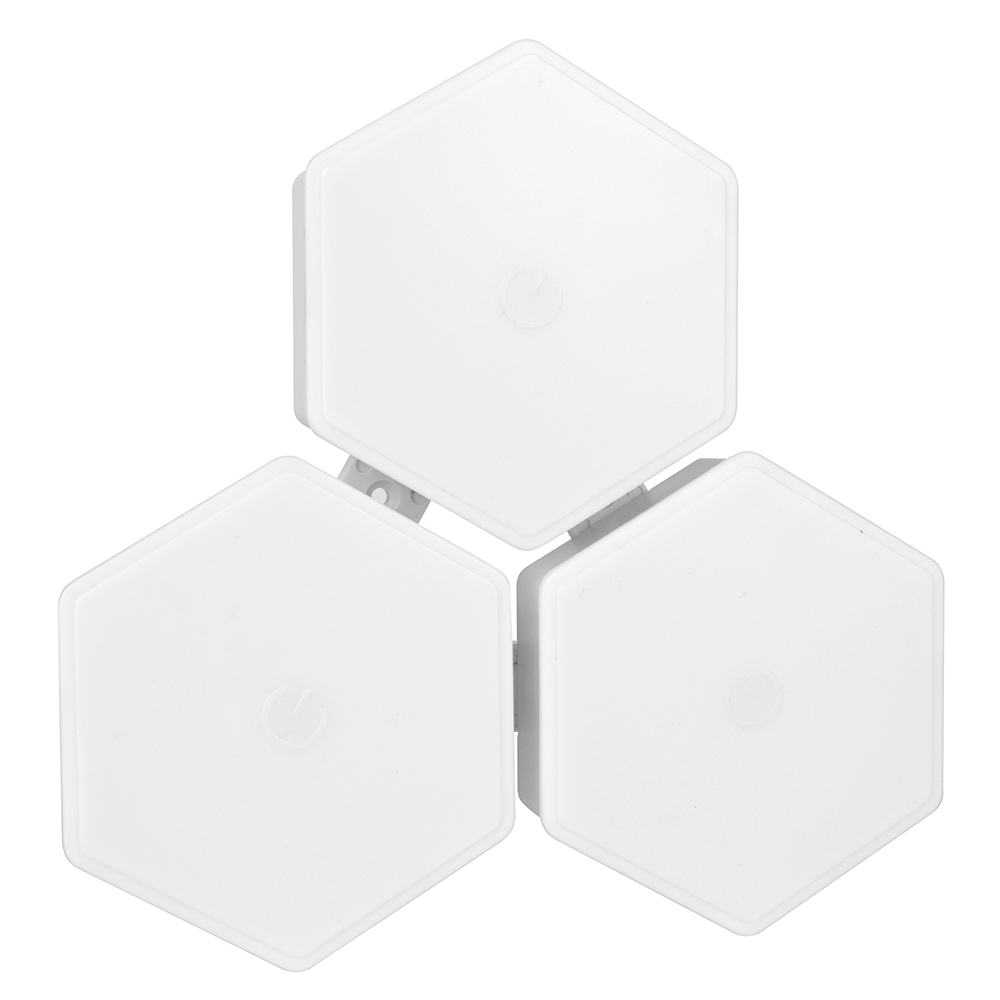 Studio front view of three white hexagonal modular LED lights connected together in a triangular interlocking pattern.