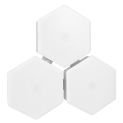 Studio front view of three white hexagonal modular LED lights connected together in a triangular interlocking pattern.