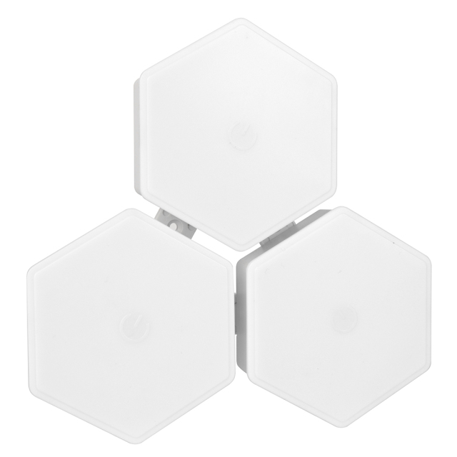 Studio front view of three white hexagonal modular LED lights connected together in a triangular interlocking pattern.