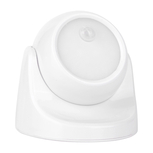 Studio angled front view of the white rotatable spherical LED sensor night light, showcasing the adjustable ball joint casing design.