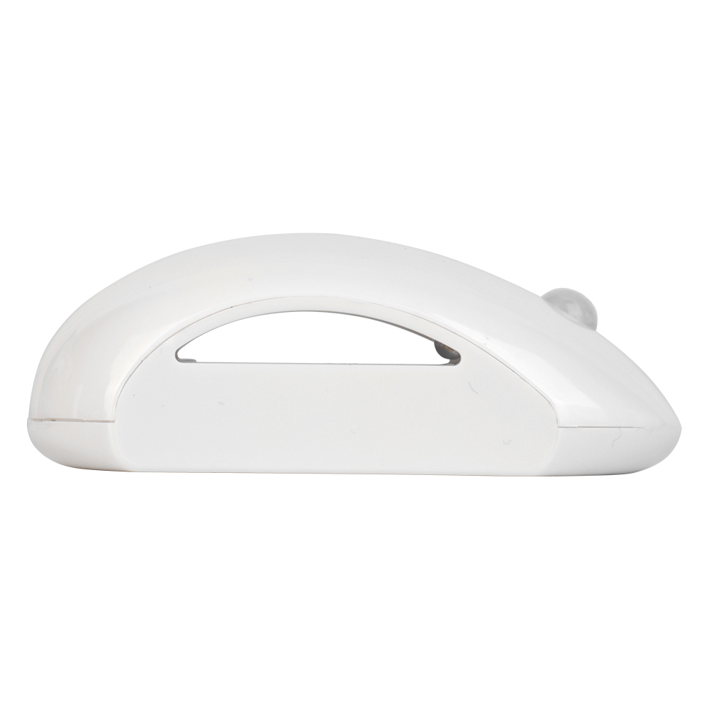 Studio side profile view of the white curved wireless night light lying horizontally, showing its arched crescent shape and slim thickness.