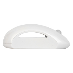 Studio side profile view of the white curved wireless night light lying horizontally, showing its arched crescent shape and slim thickness.
