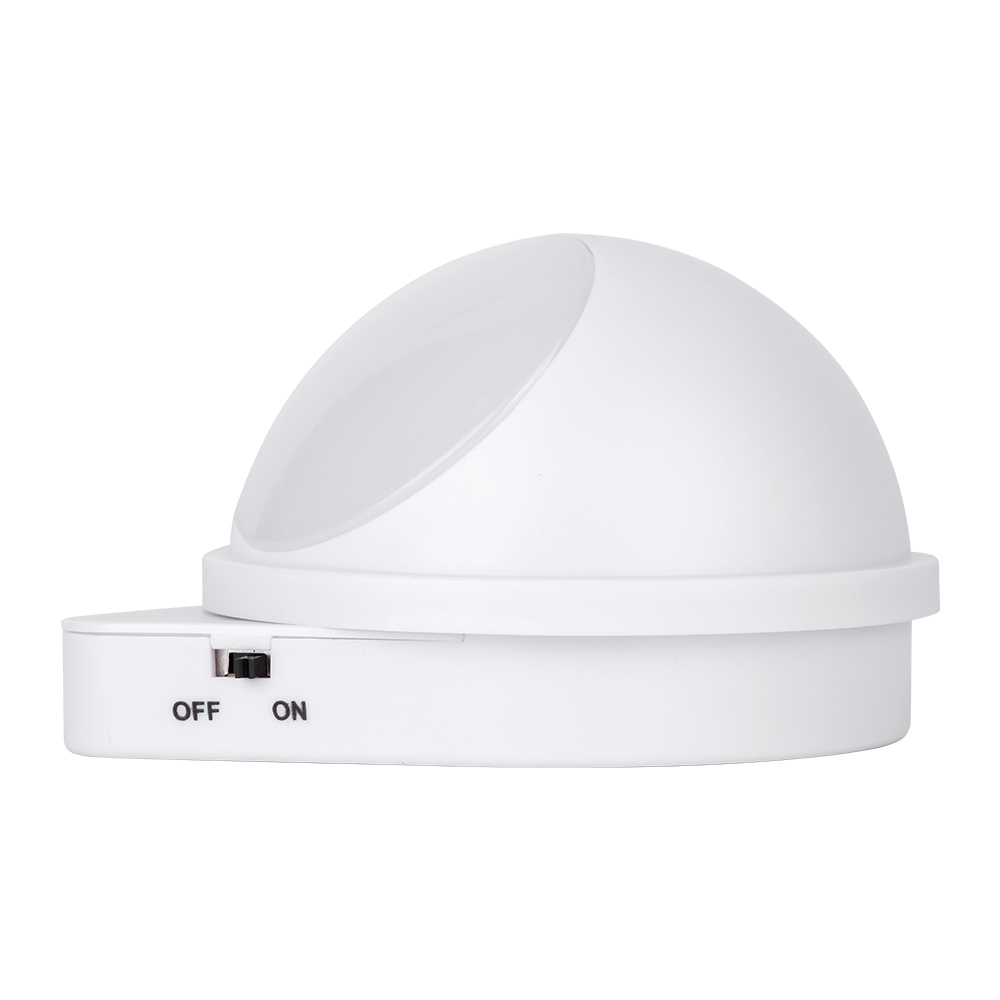 Studio rear angle view of the white spherical wireless night light sitting on its teardrop base.