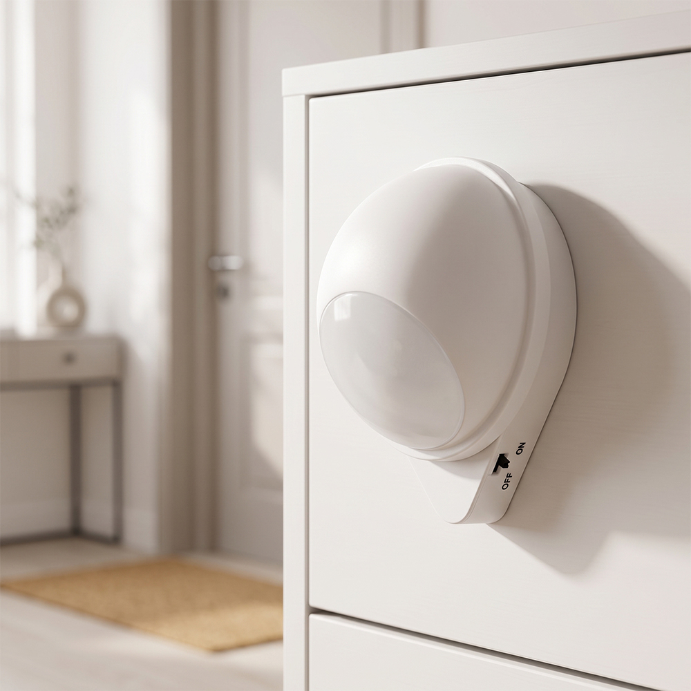 Studio view of an illuminated white spherical LED wall light mounted on a wooden entryway cabinet, casting a warm downward glow over a brown leather tray.