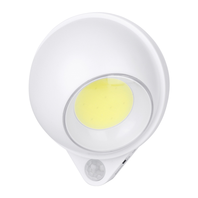 Studio straight front view of the white spherical wireless LED wall light integrated on its teardrop housing.
