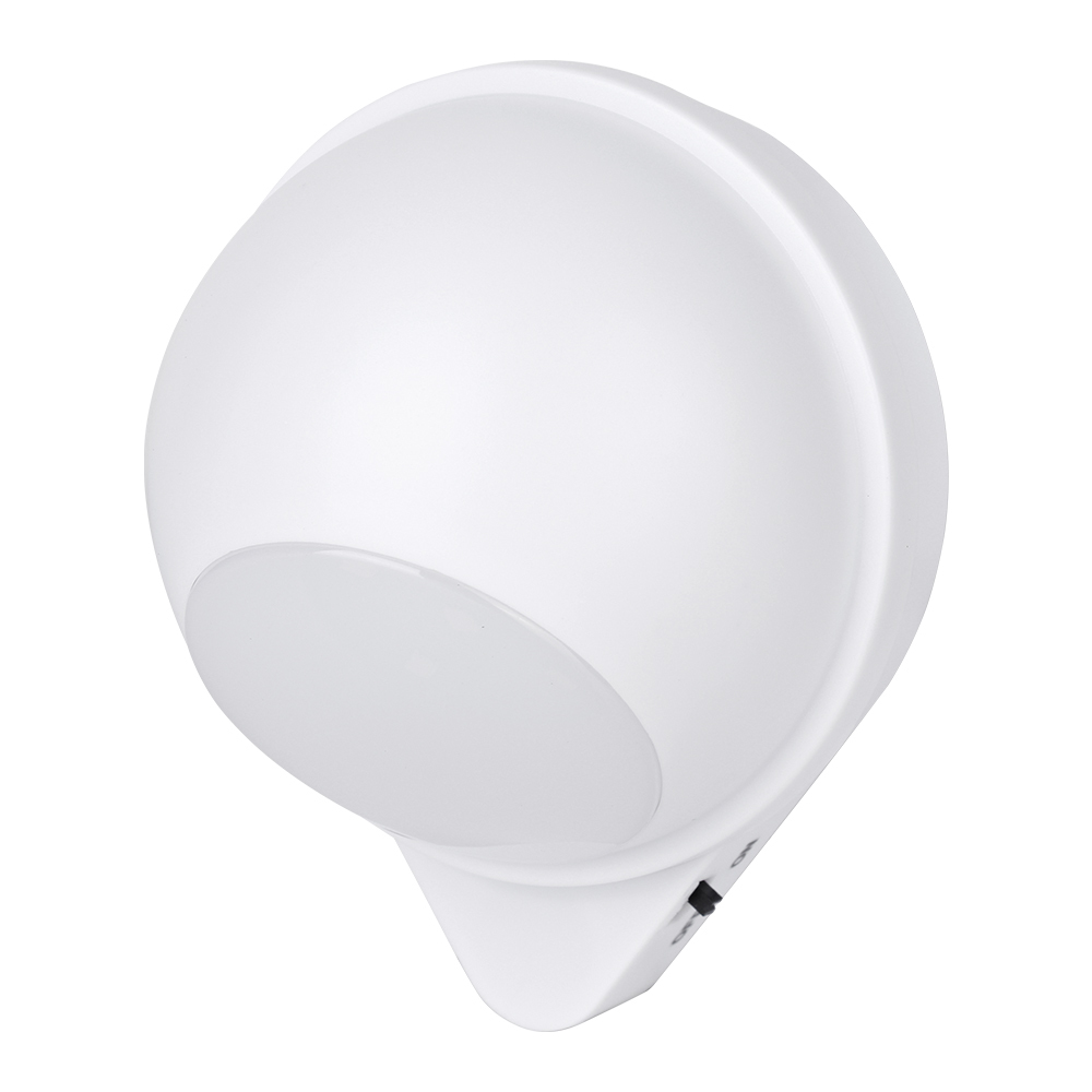 Studio side view of the white spherical wireless LED wall light on its teardrop-shaped base.