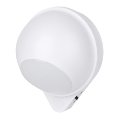Studio side view of the white spherical wireless LED wall light on its teardrop-shaped base.