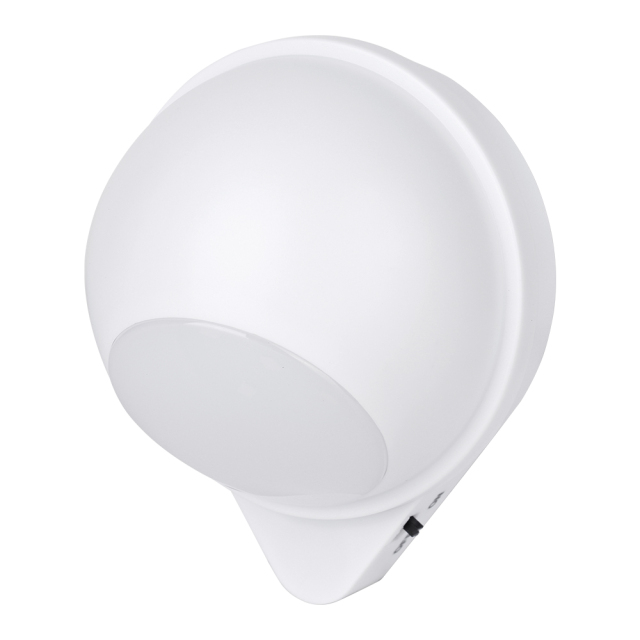 Studio side view of the white spherical wireless LED wall light on its teardrop-shaped base.