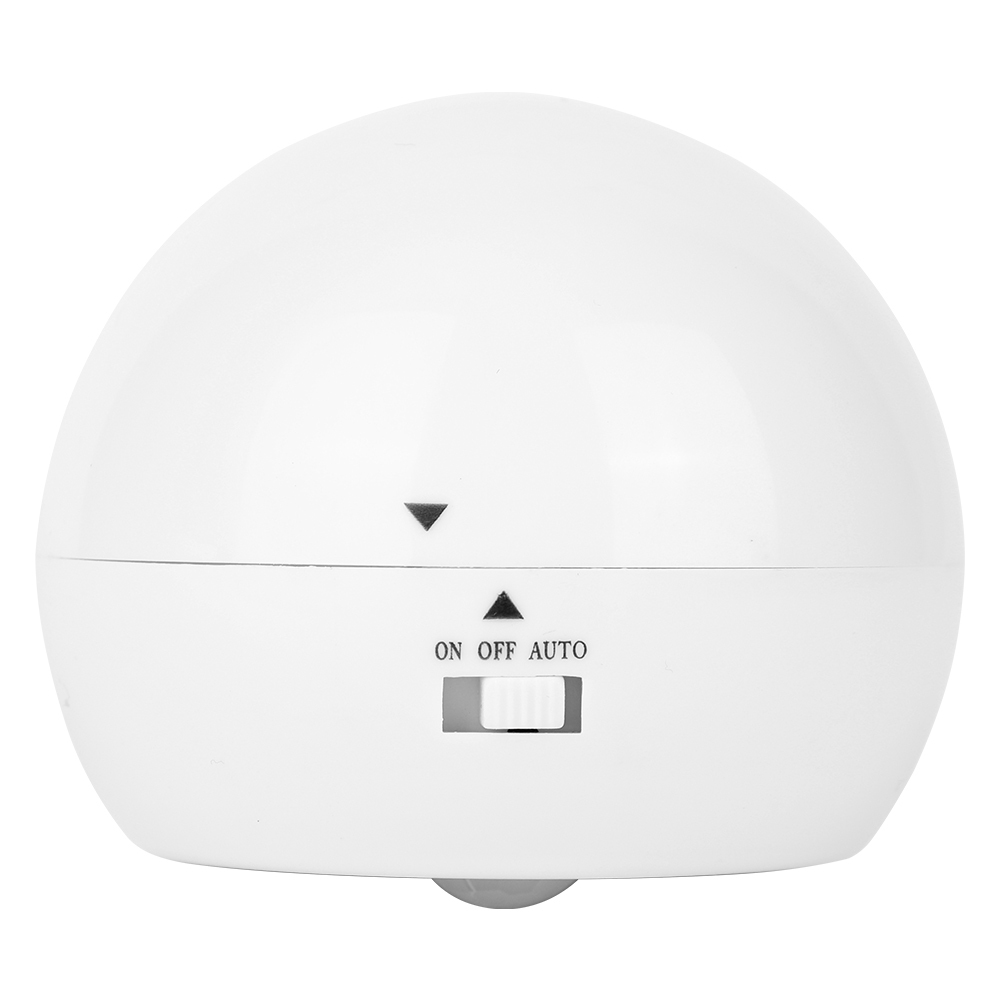 Studio view of the back of the white plastic light sphere, showing a black three-way slider switch with labels for On, Off, and Auto.