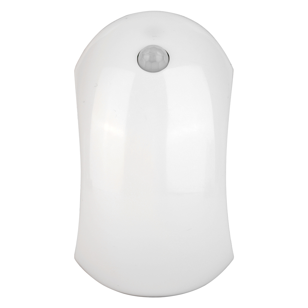 Studio front view of a white curved wireless motion sensor light on a white background, showing its smooth crescent-shaped body and a circular sensor near the top.