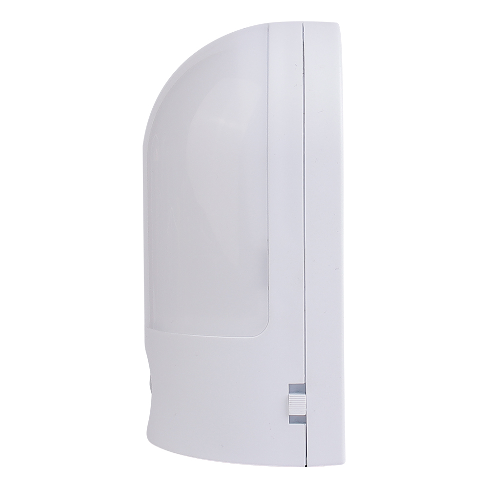 Studio left side profile view of the white arched wireless LED wall light, showcasing its slim curved housing.
