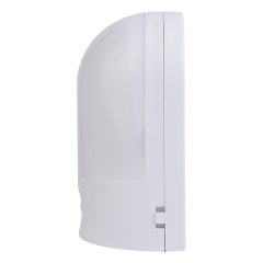 Studio left side profile view of the white arched wireless LED wall light, showcasing its slim curved housing.