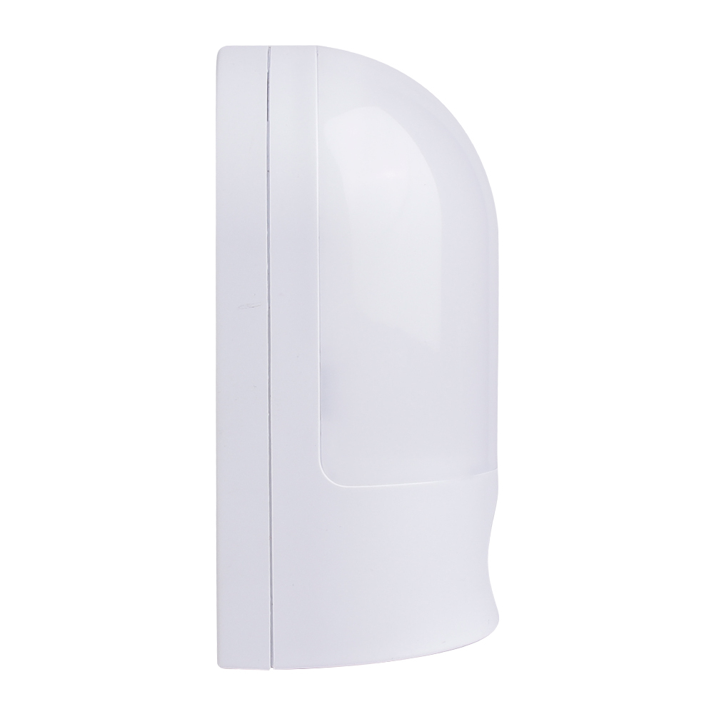 Studio right side profile view of the white arched wireless LED wall light, displaying the smooth plastic casing.