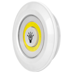 Studio three-quarter angle view of the white circular COB LED cabinet light, showcasing its tapered bezel design.