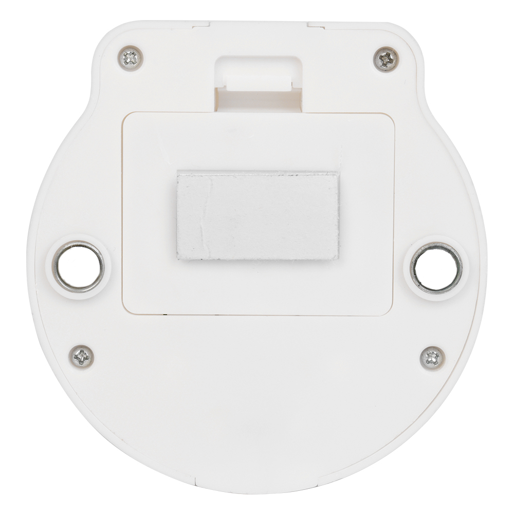 Studio view of the flat back cover of the circular light, showing a rectangular magnetic pad, screw holes, and a folded mounting option.