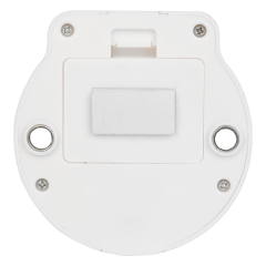 Studio view of the flat back cover of the circular light, showing a rectangular magnetic pad, screw holes, and a folded mounting option.