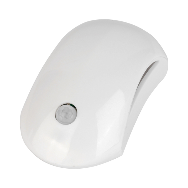 Studio high-angle view looking down at the white curved wireless sensor light, highlighting the rounded upper profile and glossy finish.