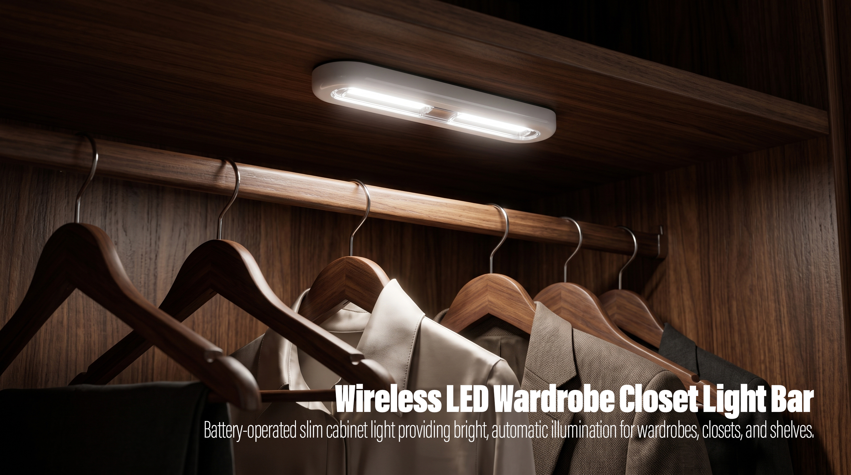 An illuminated white slim LED light bar mounted on the upper shelf of a dark wooden wardrobe, casting bright white light down onto clothes hanging on wooden hangers.