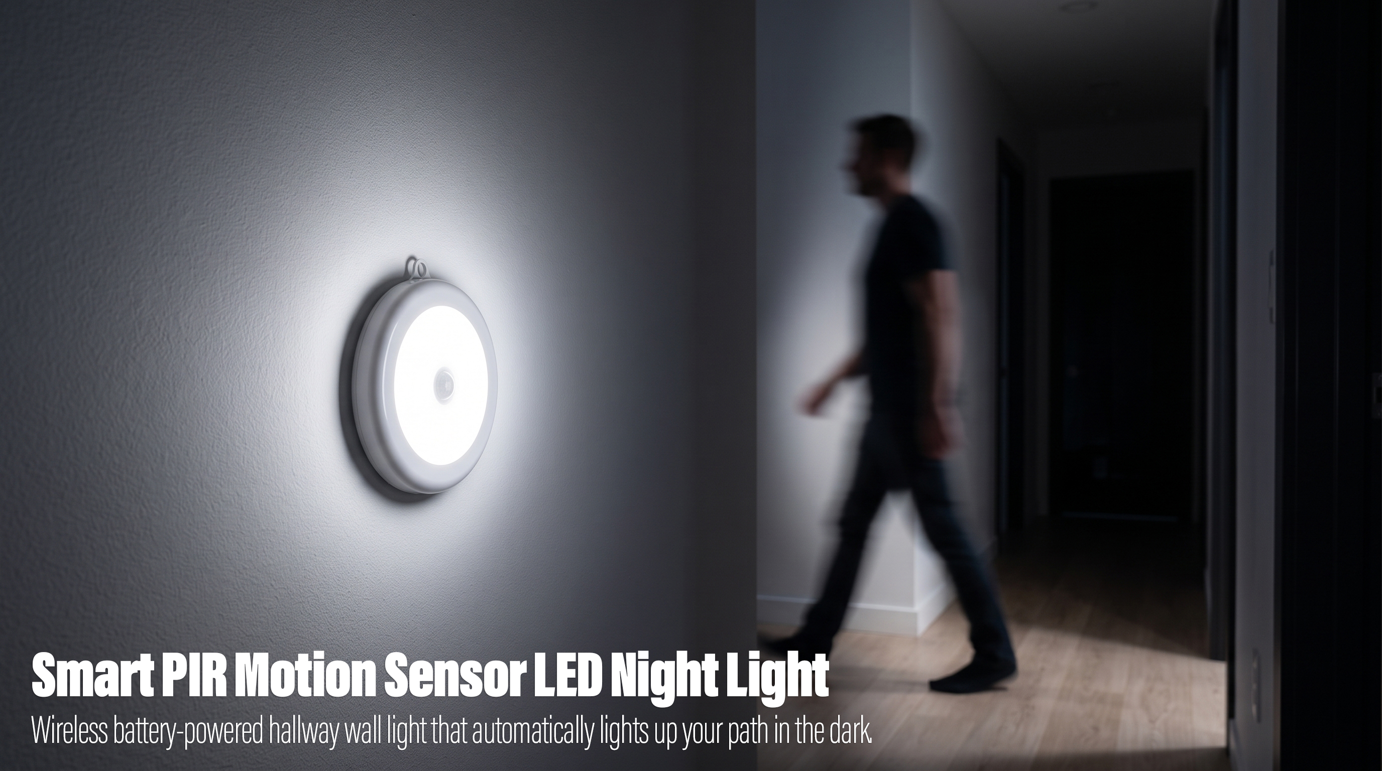 A round white wireless PIR motion sensor LED night light mounted on a grey wall glowing brightly in a dark hallway as a blurred silhouette of a man walks past.