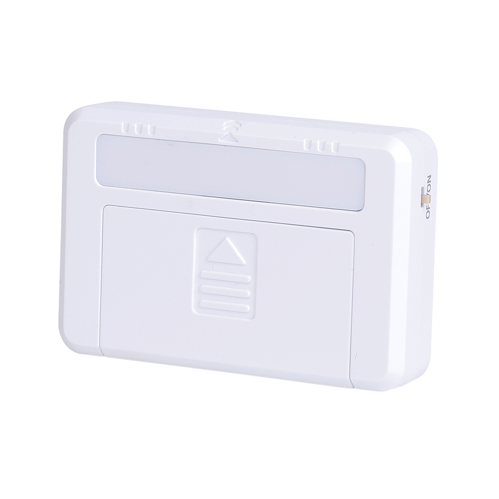 Studio angled view of the compact rectangular white 6-LED magnetic sensor cabinet light on a white background.