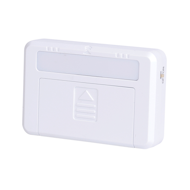 Studio angled view of the compact rectangular white 6-LED magnetic sensor cabinet light on a white background.