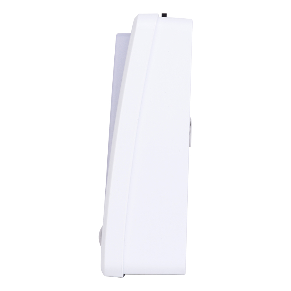 Studio side profile view of the white wedge-shaped LED night light, highlighting its stable freestanding design with a wider bottom base.