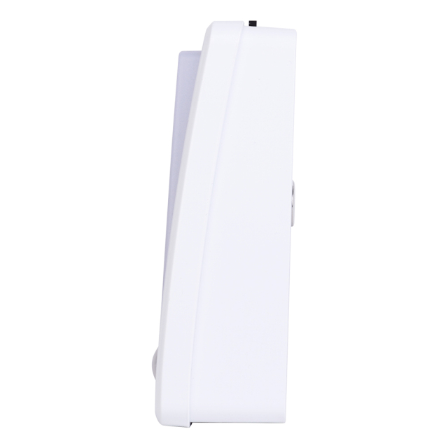 Studio side profile view of the white wedge-shaped LED night light, highlighting its stable freestanding design with a wider bottom base.