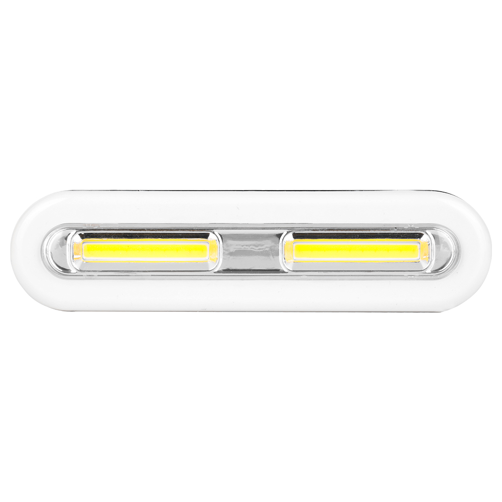 Studio horizontal front view of the white wireless cabinet light bar with dual linear yellow COB LED light panels inside a transparent protective casing.