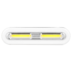Studio horizontal front view of the white wireless cabinet light bar with dual linear yellow COB LED light panels inside a transparent protective casing.