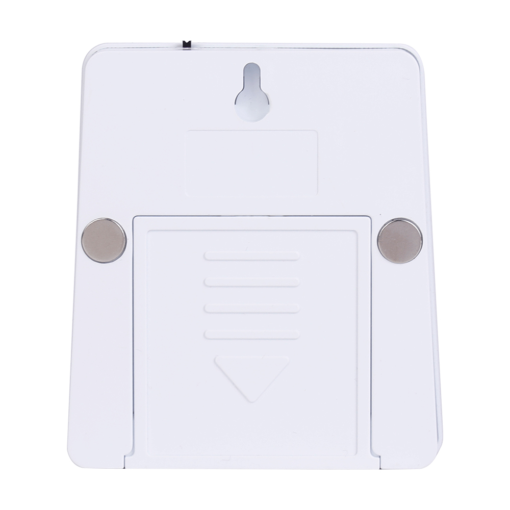Studio back view of the white night light, showing a built-in keyhole slot for hanging, two round magnets on the sides, and a sliding battery cover.