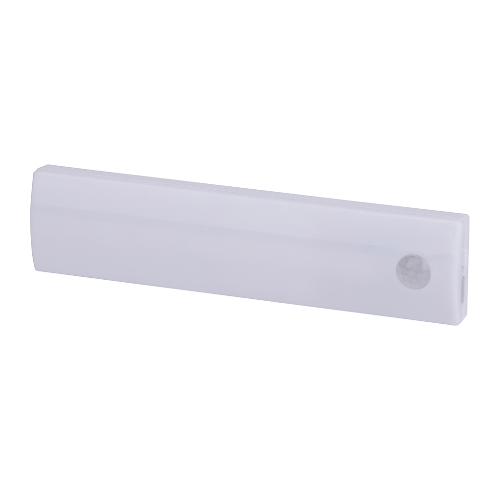 Studio angled view of the longer white motion sensor LED wardrobe light bar against a pure white background.