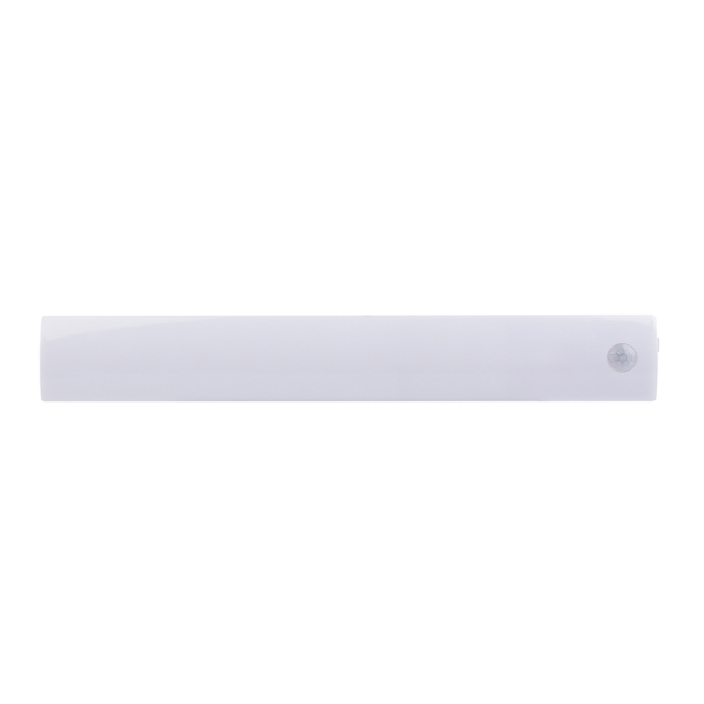 Direct front view of the long rechargeable PIR sensor LED light bar, featuring a clean white diffuser and a sensor on the right end.