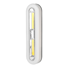 Studio vertical front view of the slim white LED light bar, showcasing two linear yellow COB LED light panels separated by a central transparent segment.