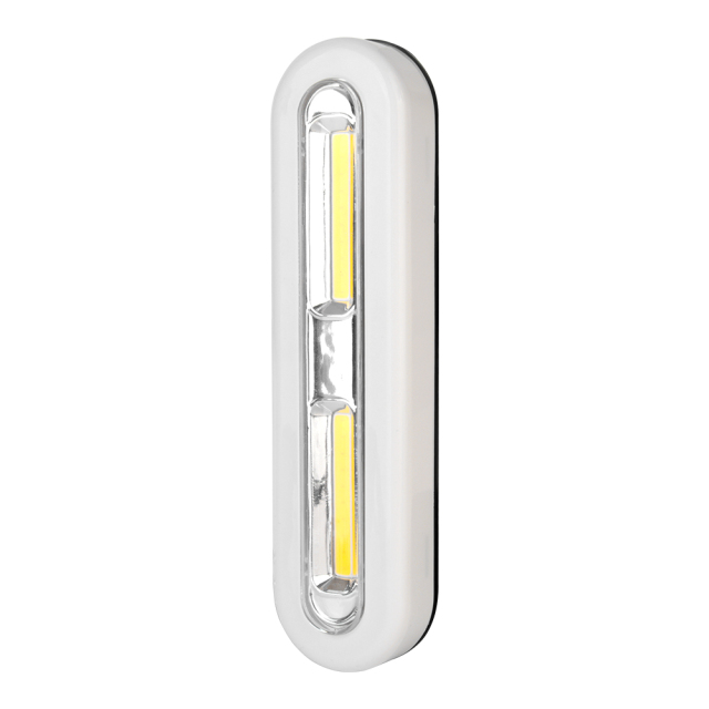 Studio vertical front view of the slim white LED light bar, showcasing two linear yellow COB LED light panels separated by a central transparent segment.