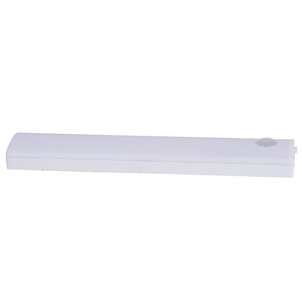 Side view of the long slim white wireless closet light bar, displaying its sleek low-profile structure on a white background.