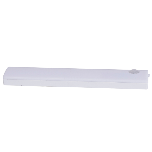 Side view of the long slim white wireless closet light bar, displaying its sleek low-profile structure on a white background.