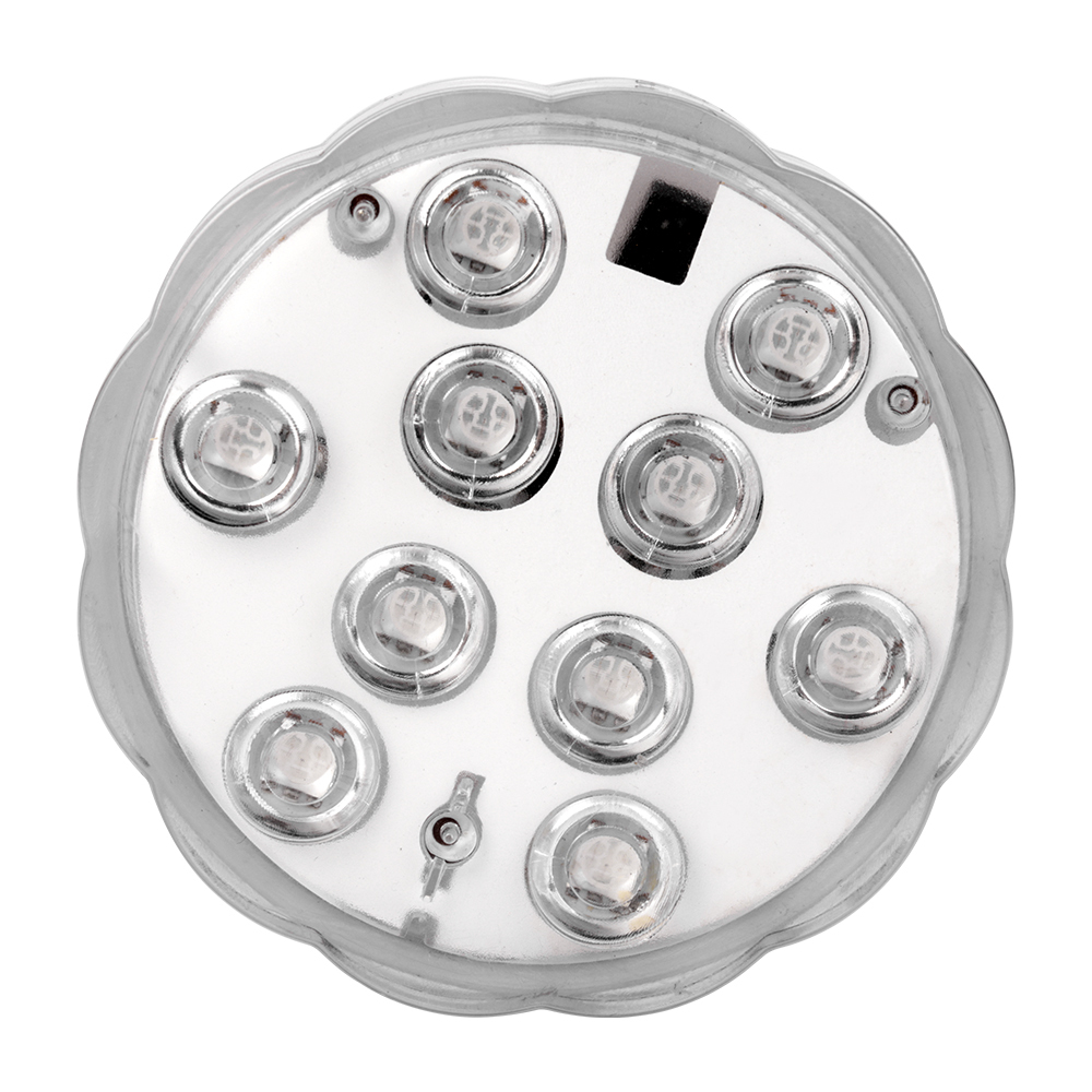 Studio front view of the round submersible LED light, showcasing its transparent scalloped outer shell and white inner plate with an integrated LED array.