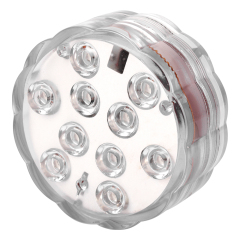 Studio three-quarter angle view of the round submersible RGB LED light, highlighting its thick threaded waterproof plastic housing.