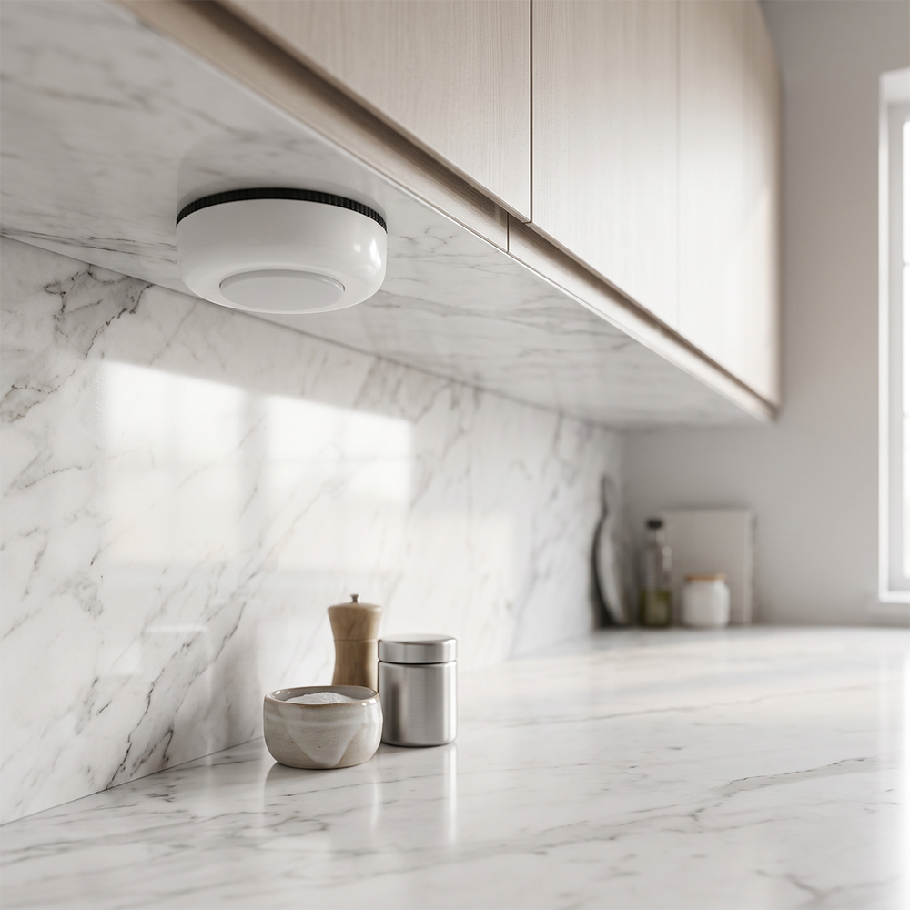 Studio view of a round white wireless LED puck light mounted underneath a kitchen cabinet, illuminating a bright marble countertop.