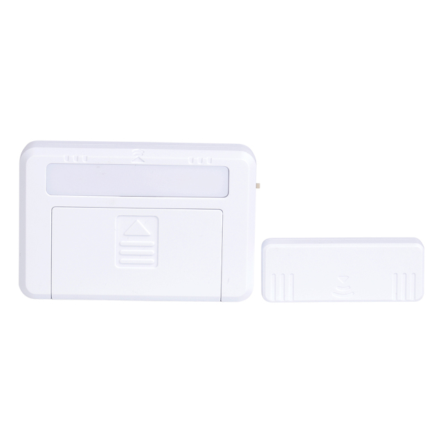 Front view of the white rectangular drawer light alongside its separate small magnetic sensor block on a white background.