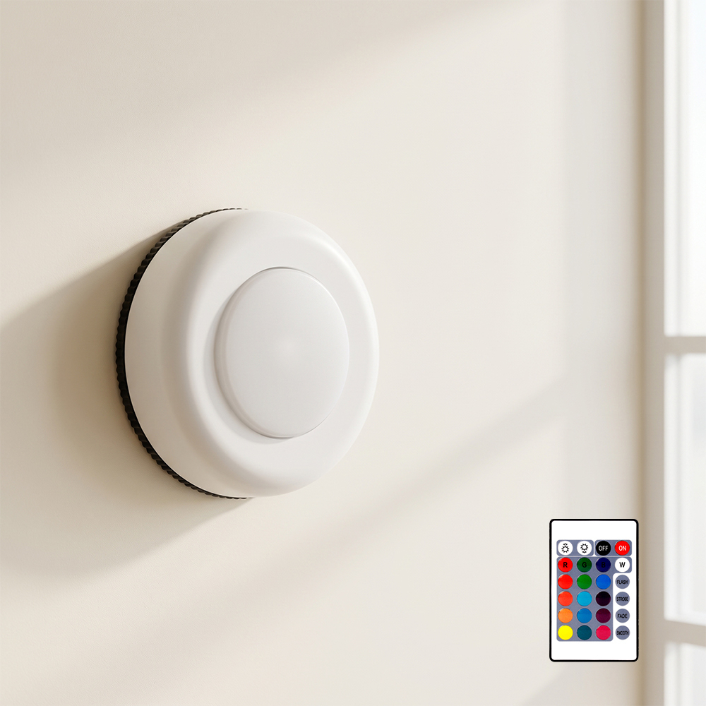 Studio view of a round white RGB cabinet light mounted on a beige wall, featuring an IR remote control placed in the corner.