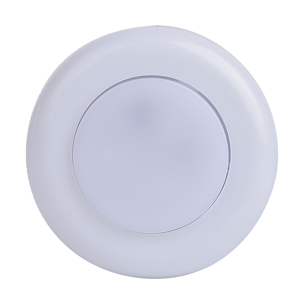 Studio front view of the round white wireless RGB LED cabinet puck light, showcasing its smooth circular tap-control surface.
