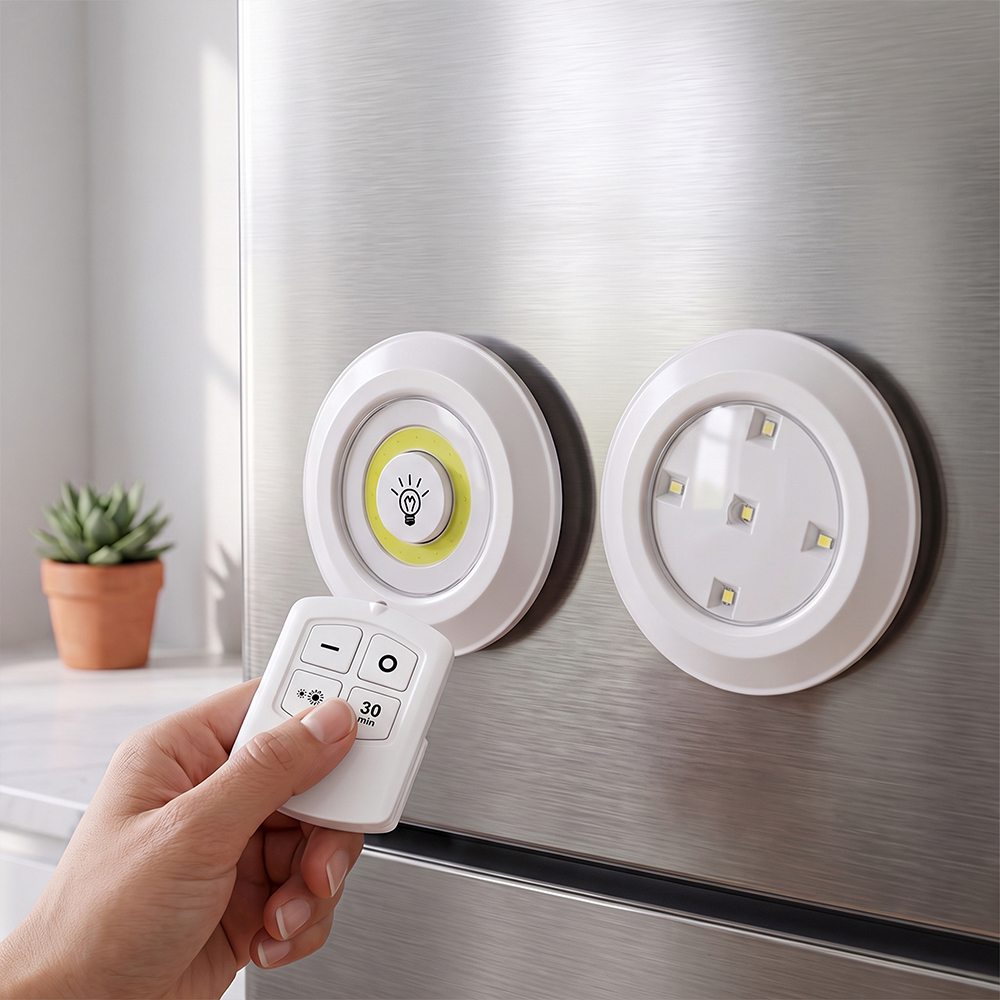 A person's hand holds a small white rectangular remote control pointing at two circular wireless LED puck lights magnetically attached to a brushed stainless steel refrigerator, one featuring a yellow COB light ring and the other showcasing five individual LED diodes.