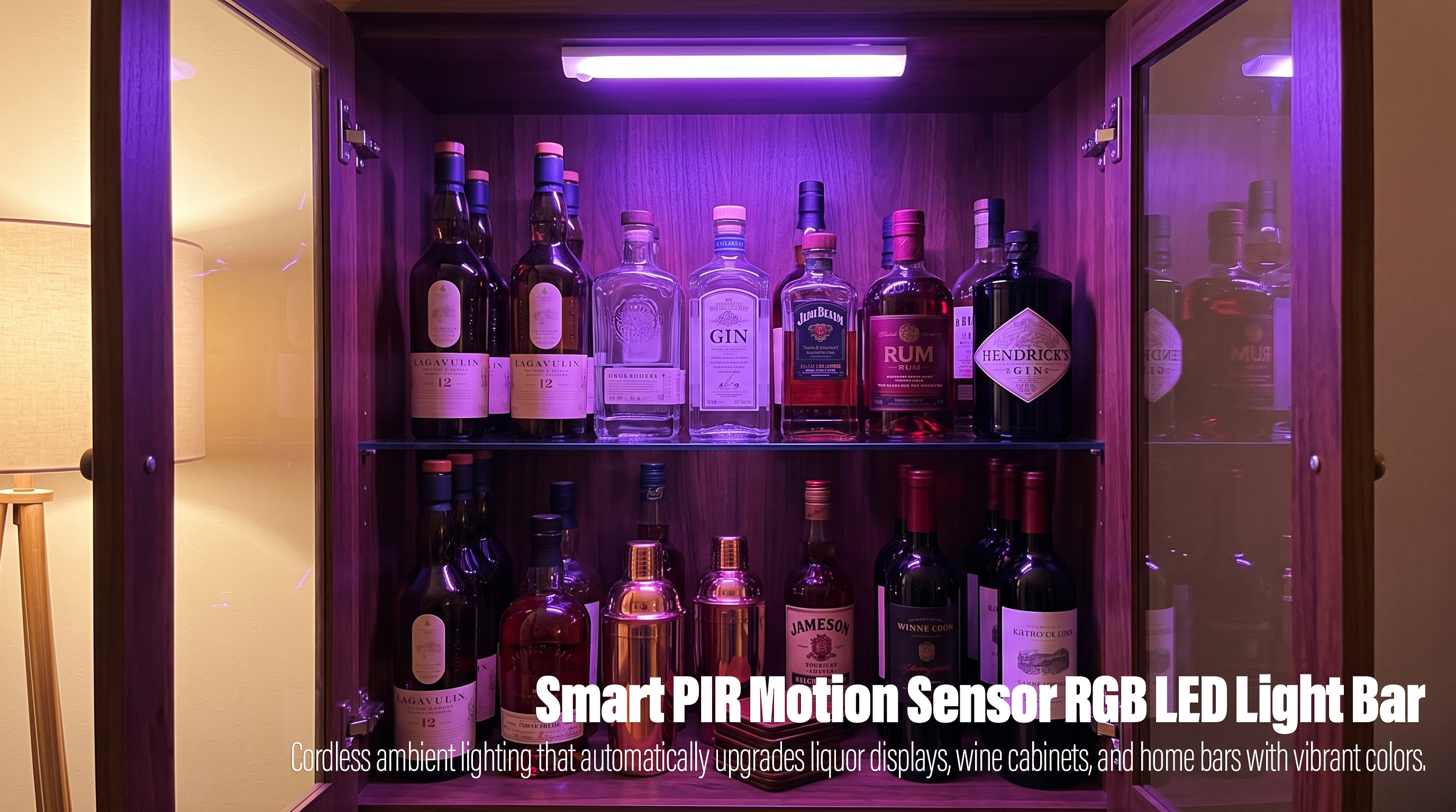 A slim wireless PIR motion sensor LED light bar mounted inside a dark wooden home bar cabinet, illuminating rows of premium liquor bottles, gin, rum, and cocktail shakers with a vibrant purple RGB ambient glow.