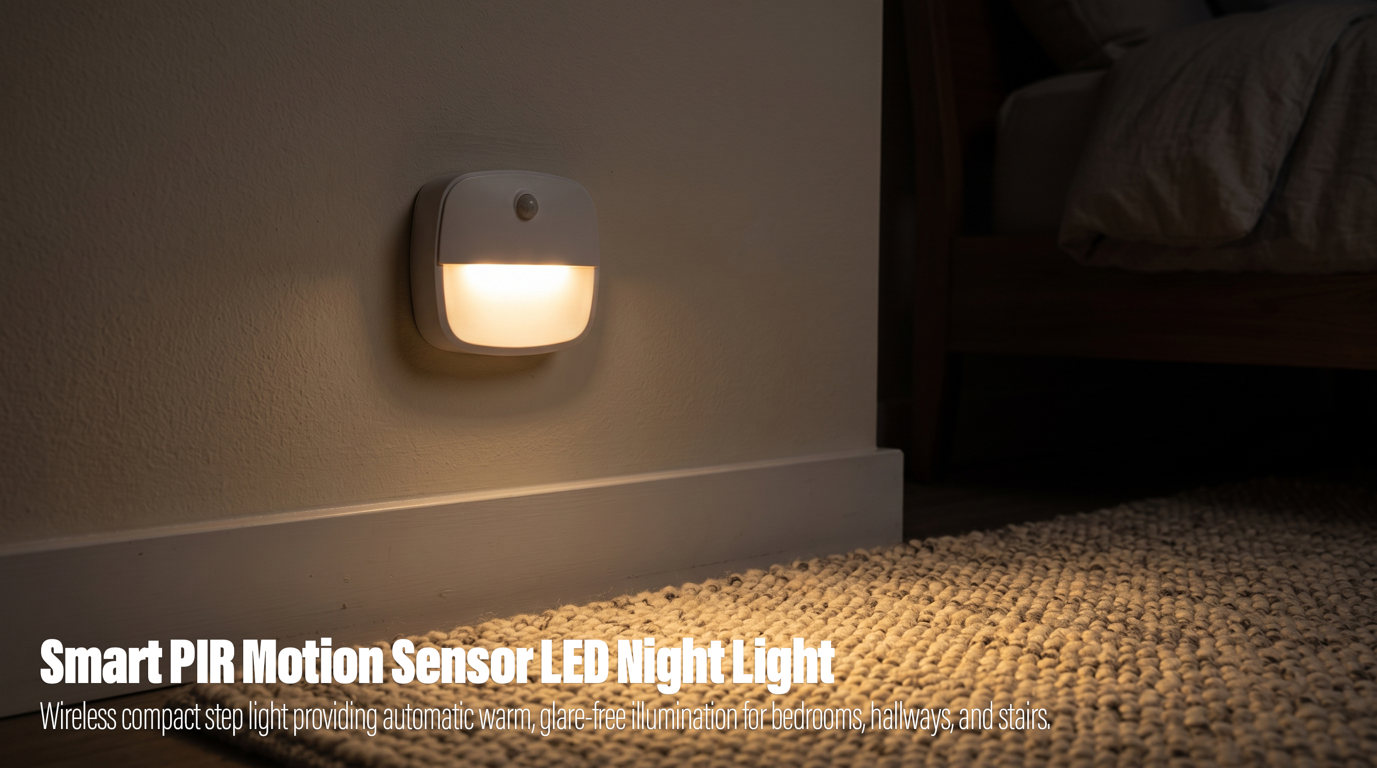 A small white wireless PIR motion sensor LED night light mounted on a bedroom wall near the baseboard, casting a warm downward glow onto a textured floor rug.