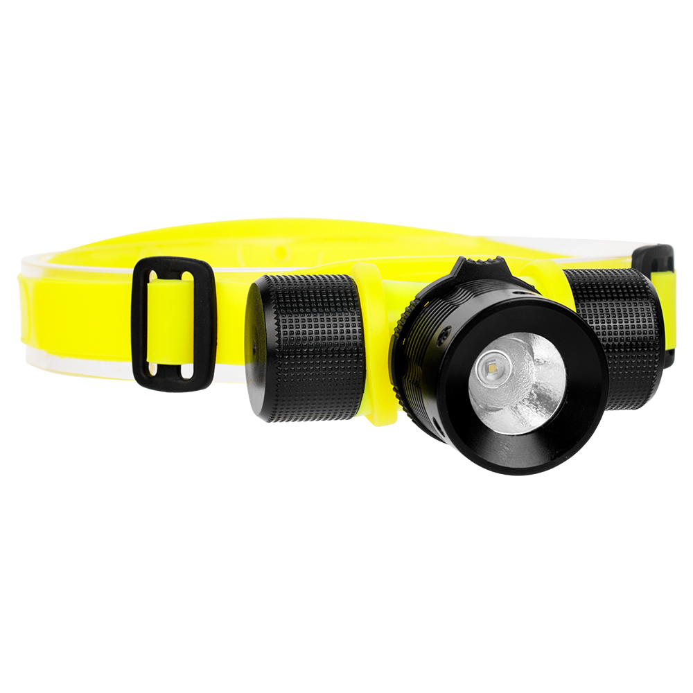 Side angled view of the LED diving headlight, highlighting the hinge mechanism used for adjusting the light beam direction underwater.