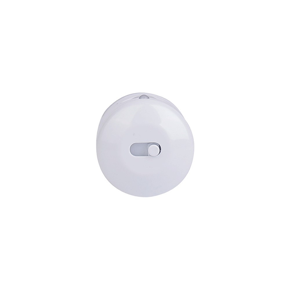 Close-up end cap view of the circular white closet light bar, showcasing the small sliding toggle switch for mode selection.