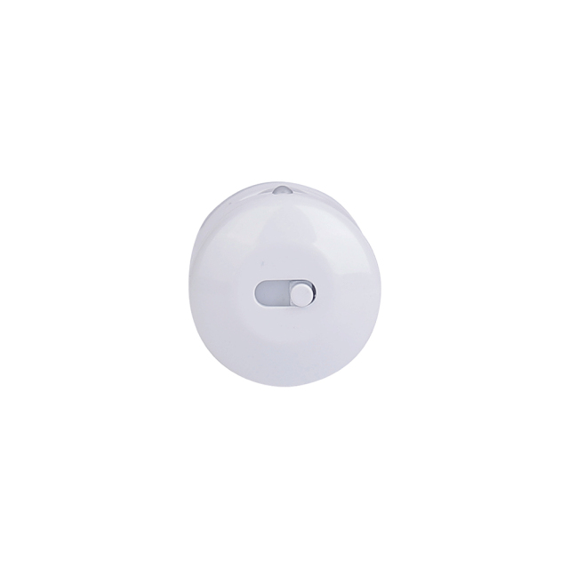 Close-up end cap view of the circular white closet light bar, showcasing the small sliding toggle switch for mode selection.