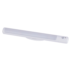 Studio angled view of the white battery-operated PIR motion sensor closet light bar showing the attached mounting support stand on a white background.